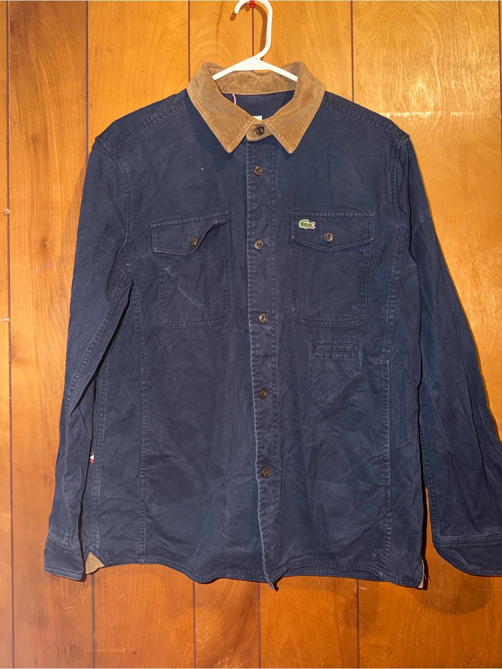 Lacoste Navy Button-Up Jacket with Tan Corduroy Collar